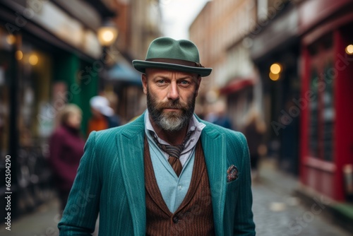 Portrait of a bearded man wearing a green suit and hat on the streets of London.
