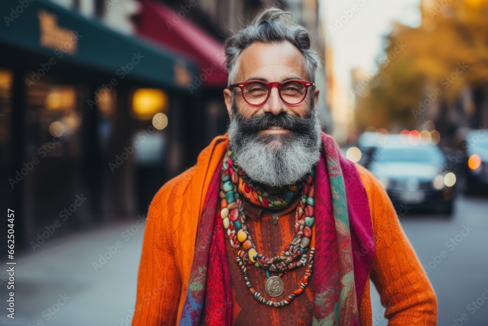 Portrait of a handsome bearded Indian man in glasses and a colorful shawl.