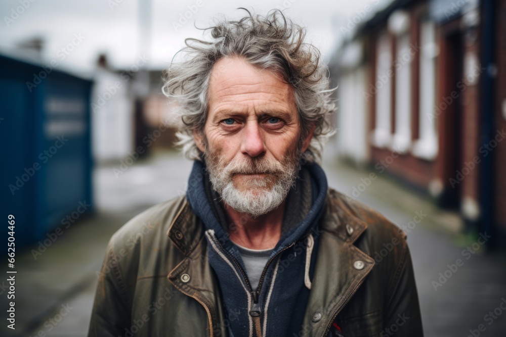 Portrait of a senior man with grey hair and beard in a city street.