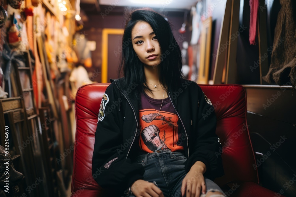 Beautiful asian woman in leather jacket sitting on red leather chair in art gallery.