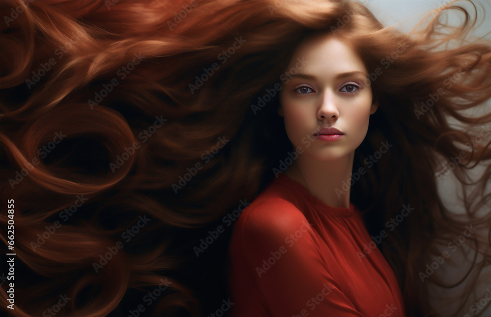Obraz premium An illustration of a female model with long auburn hair and wearing a red dress. Luxurious flowing hair exaggerated in length.