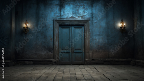 An illustration of an old blue wall and door. Graphic asset or resource. Dirty and abandoned. Dark and moody.