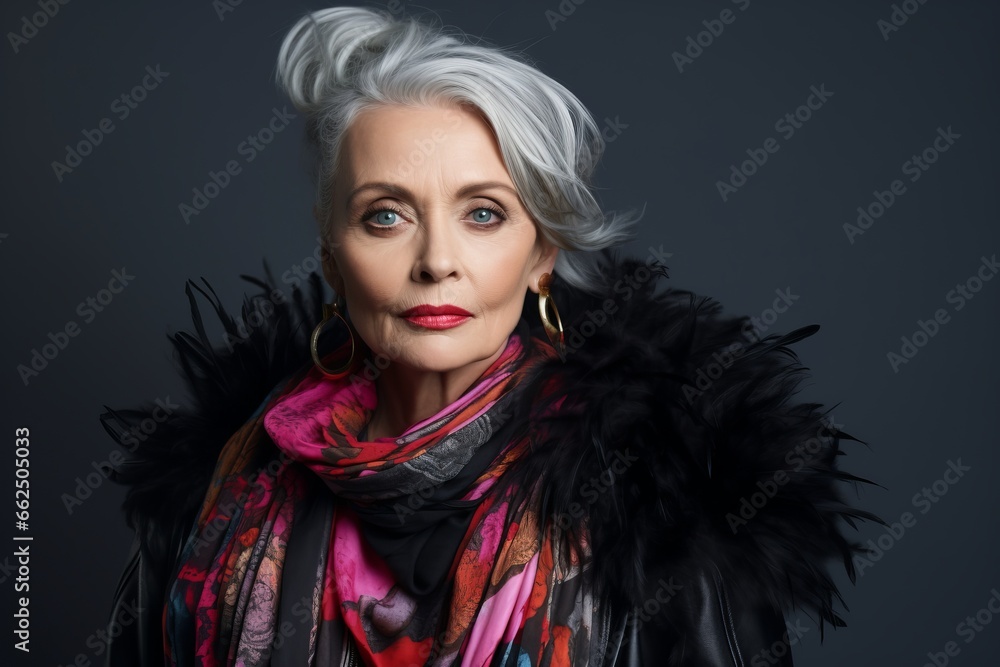 Portrait of a beautiful senior woman in a black scarf. Beauty, fashion. Portrait of a beautiful senior woman in a black scarf. Beauty, fashion.