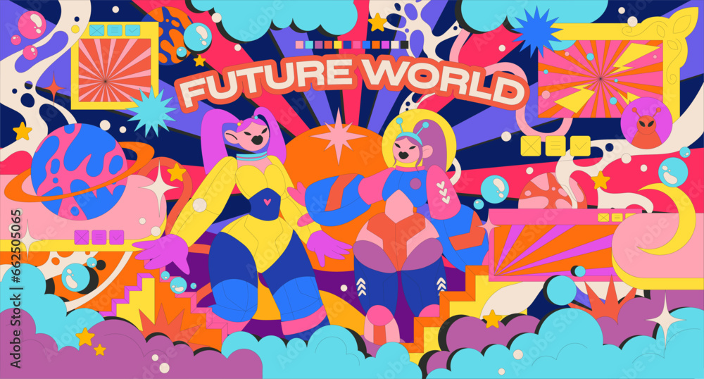 Fototapeta premium Acid psychedelic space geometric poster in retro memphis 90s style. Cartoon groovy illustration, futuristic abstract landscapes, cyberpunk future girl astronauts