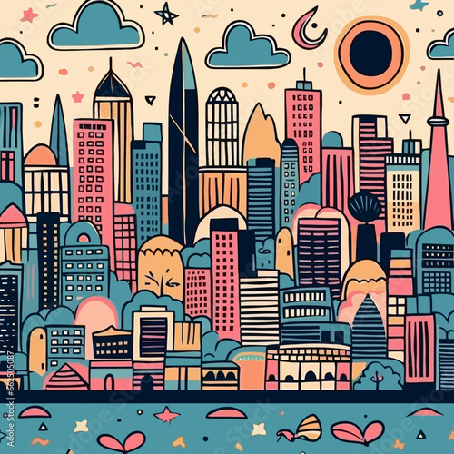 Chicago skyline quirky doodle pattern, background, cartoon, vector, whimsical Illustration