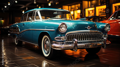 Vintage Blue Car in a Museum like Setting with Automotive Memorabilia © Graphics.Parasite