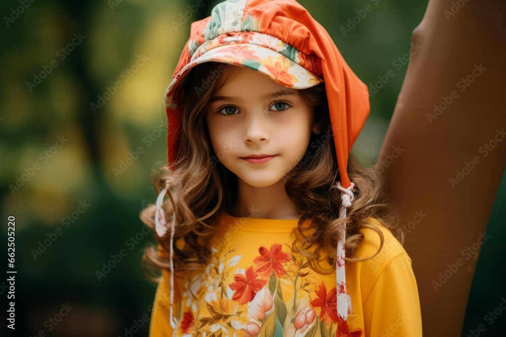 Portrait of a beautiful little girl with long curly hair in a hat and a colorful dress. Portrait of a beautiful little girl with long curly hair in a hat and a colorful dress.