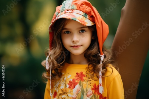 Portrait of a beautiful little girl with long curly hair in a hat and a colorful dress.