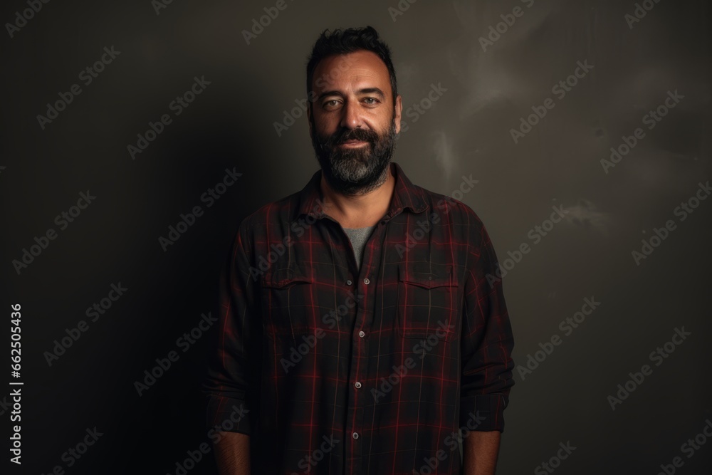Portrait of a bearded man in a plaid shirt on a dark background