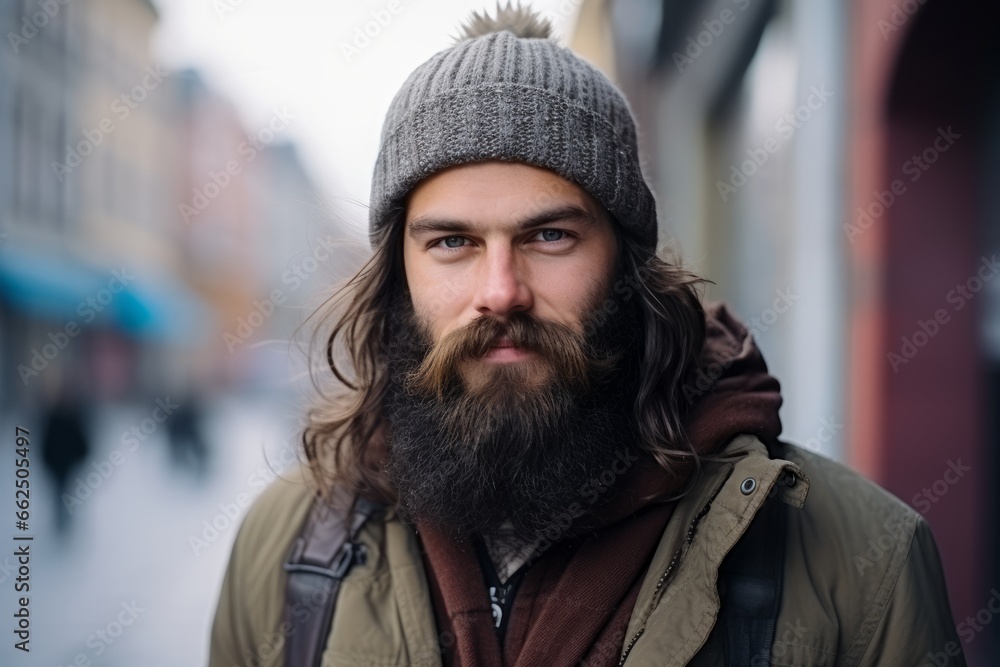 Portrait of a handsome man with long beard and mustache in the city Portrait of a handsome man with long beard and mustache in the city
