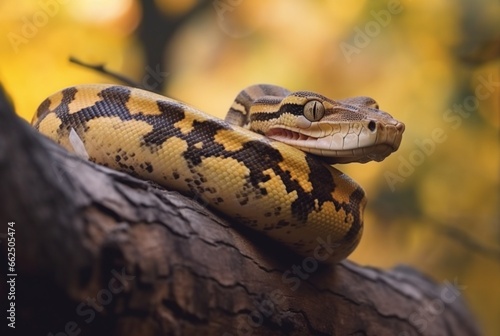 closeup of python on tree with blurred background. generative ai