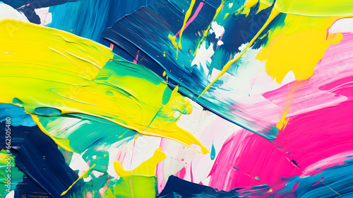 An energetic and colorful abstract painting featuring bold strokes of acrylic paint in a spectrum of yellow, blue, pink, and green hues