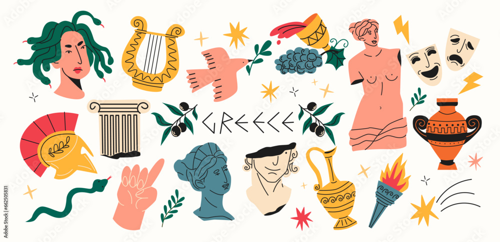 Set of Greek antique stickers in ancient groovy carton retro style. Antique statues, vases, columns, antiques. Vector illustration in modern bohemian style Set of Greek antique stickers in ancient groovy carton retro style. Antique statues, vases, columns, antiques. Vector illustration in modern bohemian style
