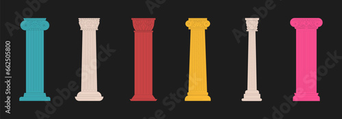 Set antique columns. Greek vintage columns with scrolls and capitals, Roman pillars, in cartoon antique style