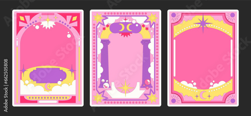 Cartoon groovy retro frames in Memphis style. Magical elements, moon, stars, psychedelic acid hippie funky style