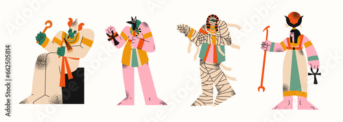 Cartoon Egyptian characters. Ancient Egypt culture mummy, sphinx, Cleopatra, heroes of Egyptian myths, vector illustration