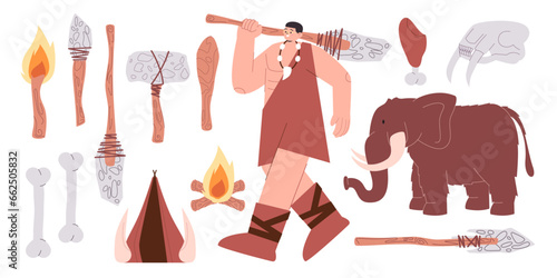 Pre historic caveman hunting weapon object archeology mammoth neanderthal stone tent fire skull and bone