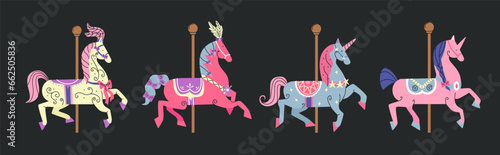 Set carousel horses. Cartoon cute pink unicorns, French retro vintage carousel. © Limpreom