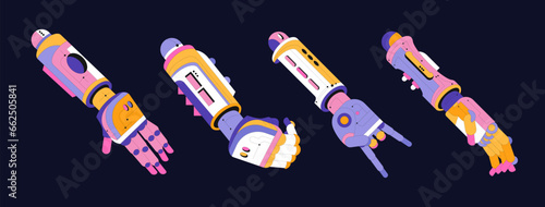 Set futuristic robot hands. Bionic prosthesis and hand gestures in Memphis style. Cartoon illustration of a robotic arm