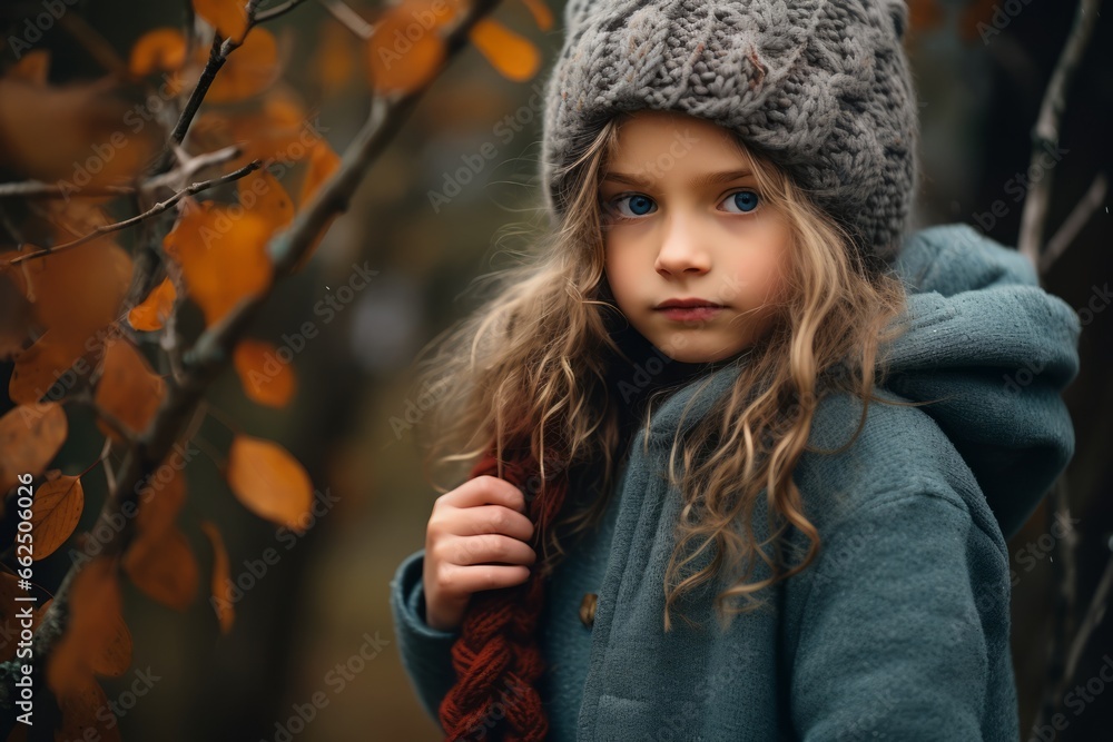 Portrait of a beautiful little girl in a hat and coat in the autumn forest. Portrait of a beautiful little girl in a hat and coat in the autumn forest.