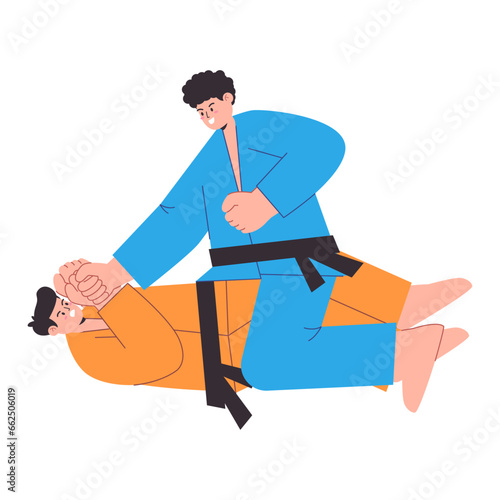 Fight martial art jiu jitsu karate aikido taekwondo combat illustration slamming wrestling position action flat illustration
