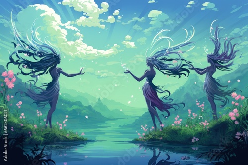 Graceful sylphs, beings of air and wind, dancing among wispy clouds - Generative AI