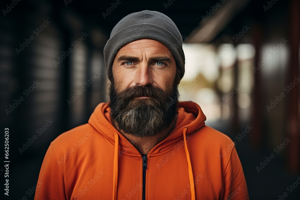 Portrait of a bearded man in an orange hoodie on a dark background. Portrait of a bearded man in an orange hoodie on a dark background.