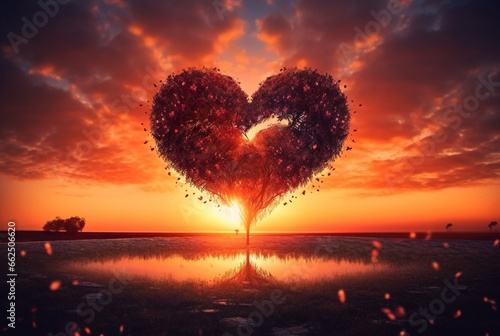 heart shaped tree with beautiful sunset. generative ai