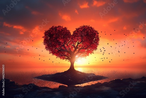 heart shaped tree with beautiful sunset. generative ai