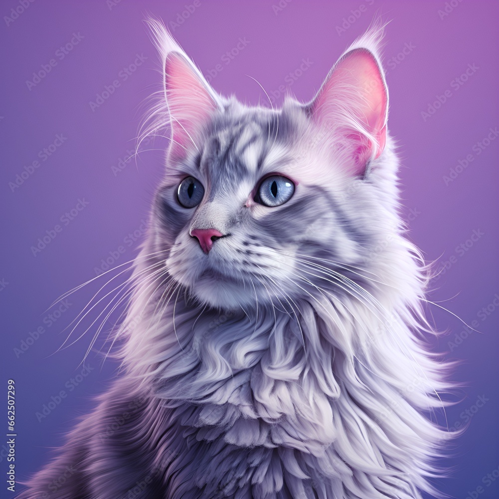 Furry gray cat on purple background