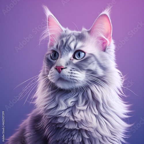 Furry gray cat on purple background