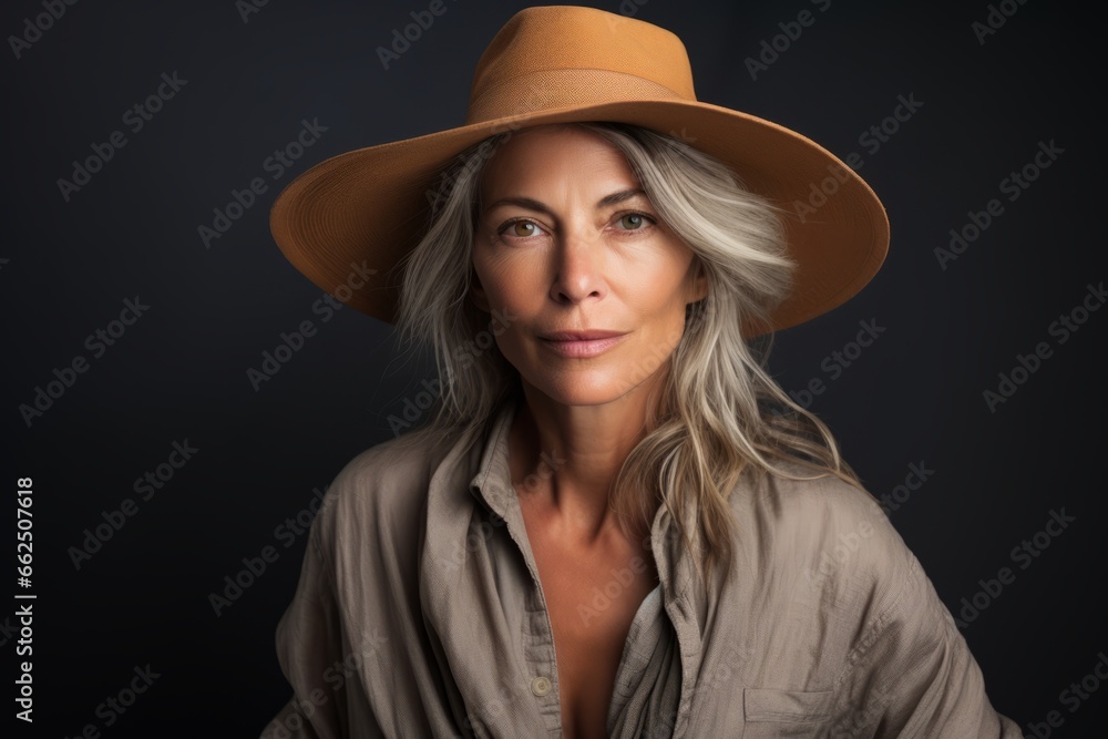 Portrait of a beautiful middle-aged woman in a hat.