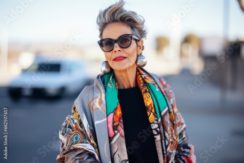 Fashionable middle-aged woman with short hair and sunglasses in the city