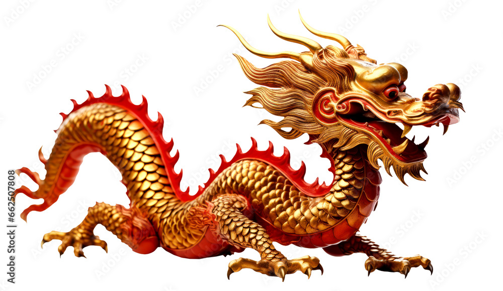 Red golden chinese dragon, PNG - obrazy, fototapety, plakaty 