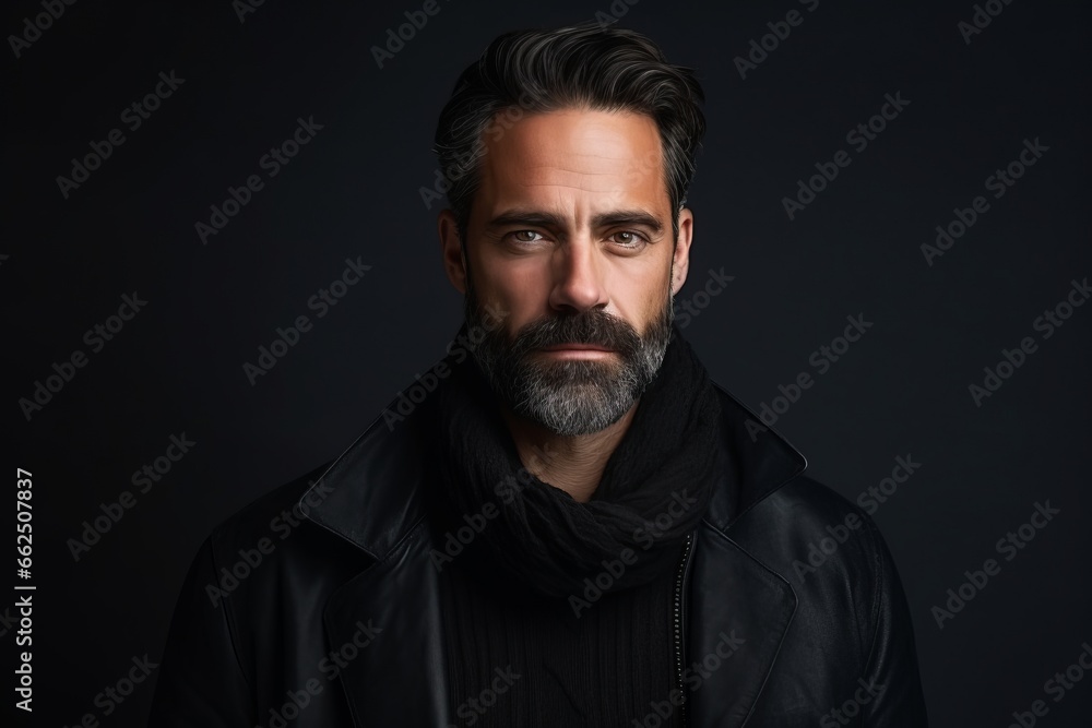 Portrait of a bearded man in a black leather jacket. Men's beauty, fashion.