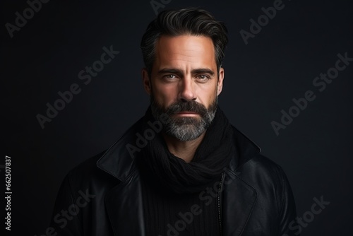 Portrait of a bearded man in a black leather jacket. Men's beauty, fashion.