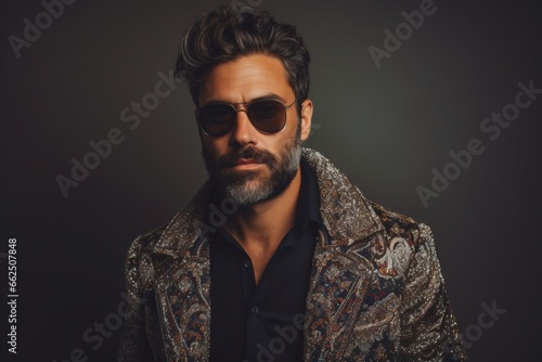 Handsome bearded man in sunglasses and jacket on dark background.