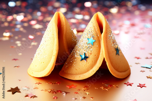 Traditional fortune cookies with decoration and bokeh background.