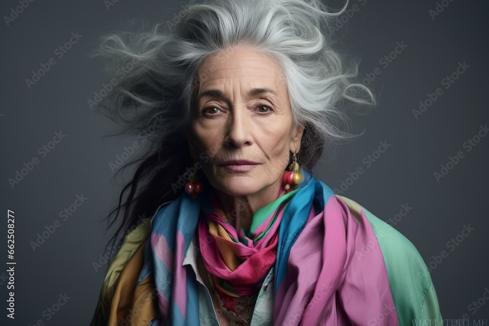 Portrait of a beautiful senior woman with gray hair and colorful scarf