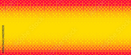 Pixelated bitmap gradient texture. Yellow and orange dither pattern background. Abstract glitchy edge pattern. 8 bit video game screen wallpaper. Colorful pixel art retro illustration. Vector backdrop