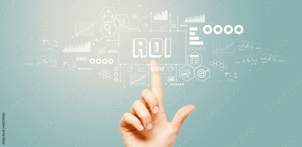 ROI theme with hand pressing a button on a technology screen ROI theme with hand pressing a button on a technology screen