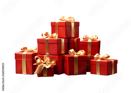Pile of Red Gifts with Golden Ribbons, An enticing collection of gift boxes wrapped in glossy red paper and tied with shimmering golden ribbons, piled up against a white background.