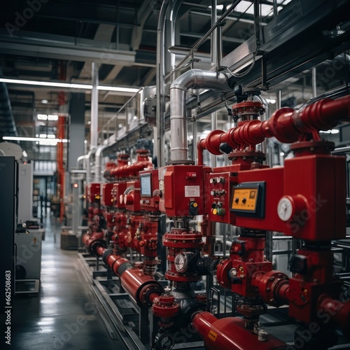 Modern industrial gas boiler room equipped for heating. Heating gas boilers, pipelines, fittings. red tinting © Margo_Alexa