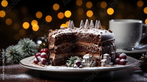 homemade Christmas chocolate cake with powdered sugar instead of snow against a backdrop of holiday lights in bokeh and holiday decoration food photo concept. Country style.