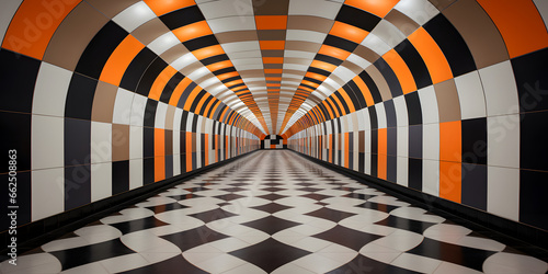 An intriguing optical illusion of a corridor, with bold black and orange stripes and a checkered floor, creating a striking perspective that draws the eye into the vanishing point