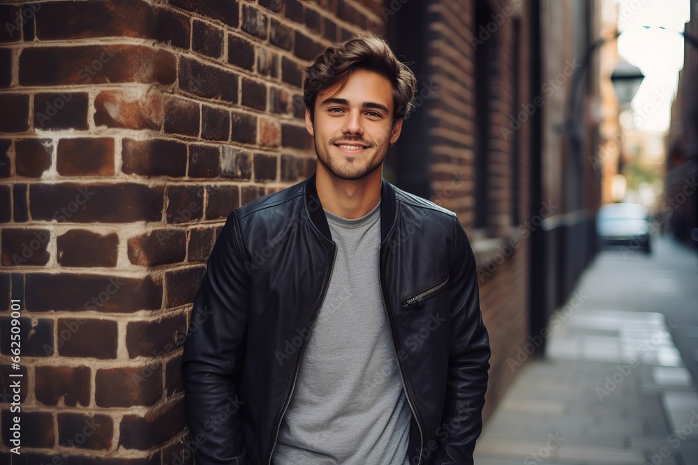 Portrait of a handsome young man in a leather jacket standing on the street. Portrait of a handsome young man in a leather jacket standing on the street.