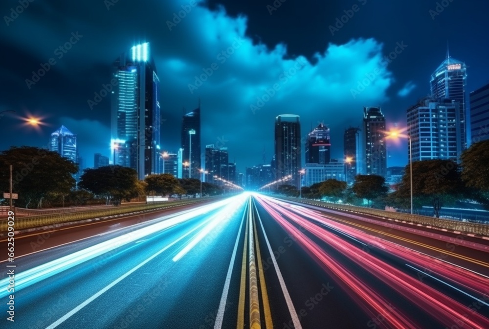 Fototapeta premium time lapse photography of highway road at night background. generative ai