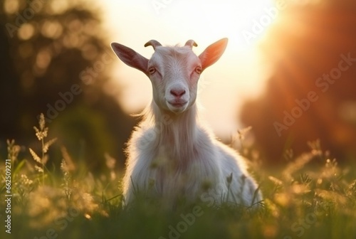 goat in the green grass of the garden with blurred background. generative ai