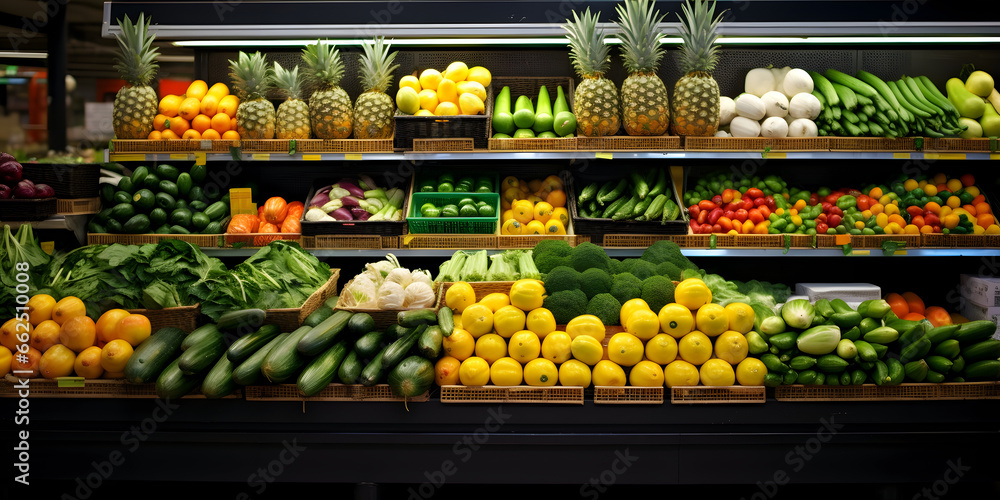 A fresh and varied assortment of produce at a market. Vibrant Assortment of Fresh Produce for Healthy Meals and Wellbeing