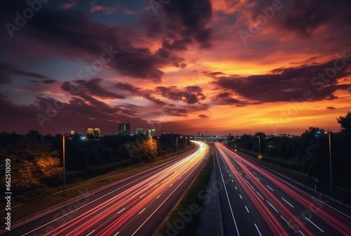 time lapse photography of highway road at night background. generative ai